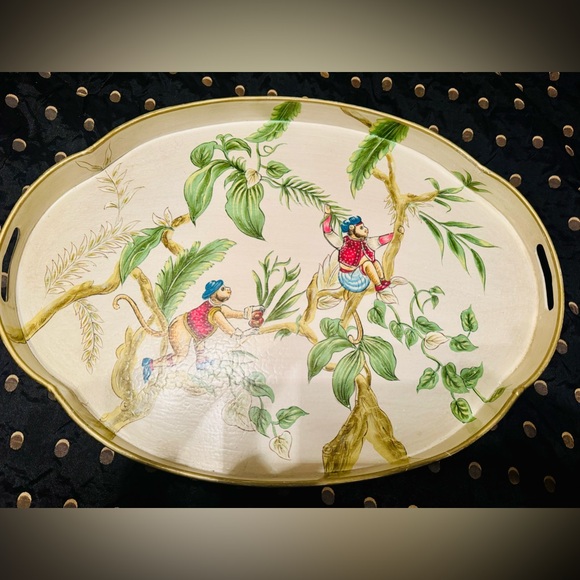 Large Oval Hand Painted tray with handles Tropical Monkey Design - Picture 2 of 5